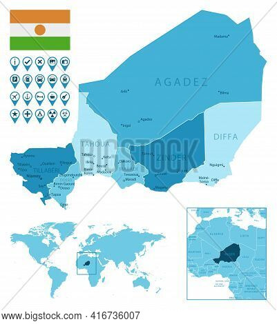 Niger Detailed Administrative Blue Map With Country Flag And Location On The World Map. Vector Illus