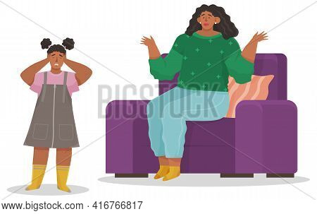 Parent Adolescent Conflict Concept In Flat Design. Mother Scolds Daughter Teeneger, Young Tartar
