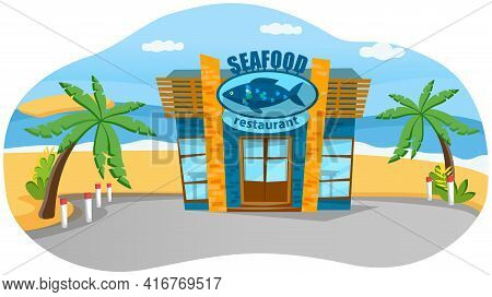 Oceanfront Seafood Restaurant On Beach, Coastline. Catering Establishment In Nautical Style