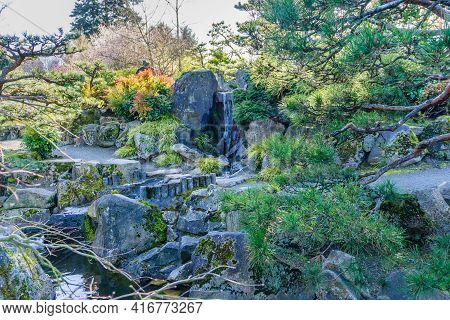 A Waterfall At A Botanical Garden In Seatc, Washington.
