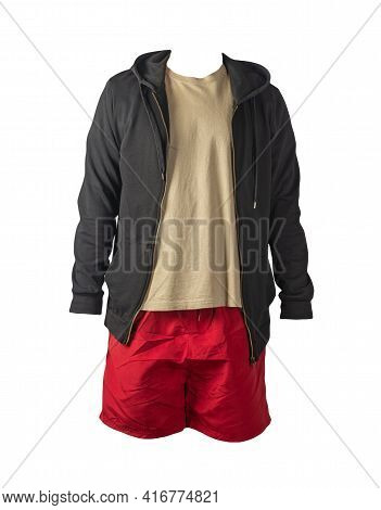 Black Sweatshirt With Iron Zipper Hoodie,biige T-shirt And Red Sports Shorts Isolated On White Backg