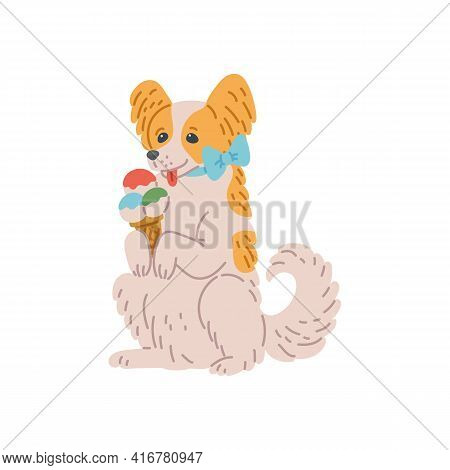 Dog Breed Papillon, Cute Pet Animal Holding Horn With Color Balls Of Ice Cream