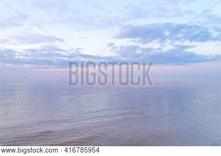 Calm Water On Sea Surfase. Colorful Clouds On Sunset. Warm Evening On Beach. Summer Mood. Scenery Vi