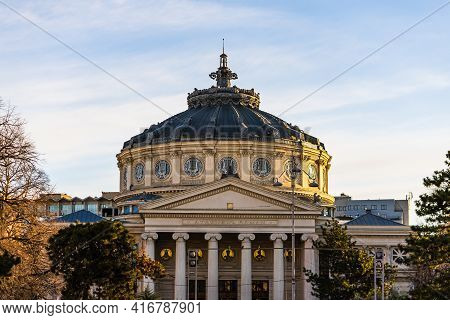 Detail View Over The Romanian Athenaeum Or Ateneul Roman, In The Center Of Bucharest Capital Of Roma