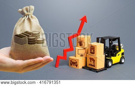 Money Bag, Forklift With Boxes And Red Arrow Up. Growth Of Performance Production Of Goods. Import E
