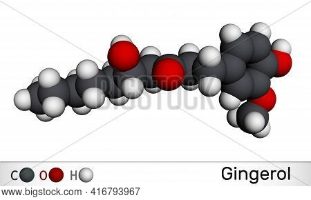 Gingerol Molecule. It Is Phenol Phytochemical Compound, Antineoplastic Agent, Is Found In Fresh Ging