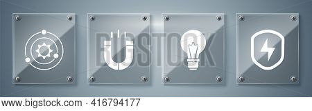 Set Secure Shield With Lightning, Light Bulb With Concept Of Idea, Magnet And Solar System. Square G