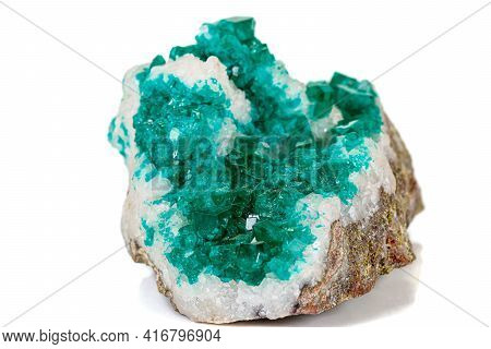 Macro Mineral Stone Dioptase Silicate Copper On A White Background