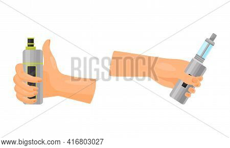 Hand With Electronic Cigarette Simulating Tobacco Smoking Vector Set
