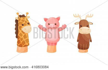 Hand Puppet Toy Made From Fabric Wore By Hand Vector Set