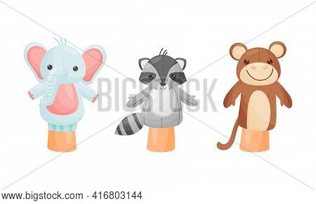 Hand Puppet Toy Made From Fabric Wore By Hand Vector Set