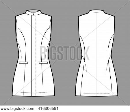 Long Vest Waistcoat Technical Fashion Illustration With Fitted Body, Sleeveless, Stand Collar, Hide 