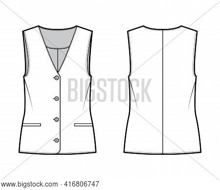 Button Front Vest Waistcoat Technical Fashion Illustration With Sleeveless, Welt Besom Pockets, Fitt
