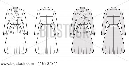 Full Trench Coat Technical Fashion Illustration With Belt, Double Breasted, Long Sleeves, Knee Lengt