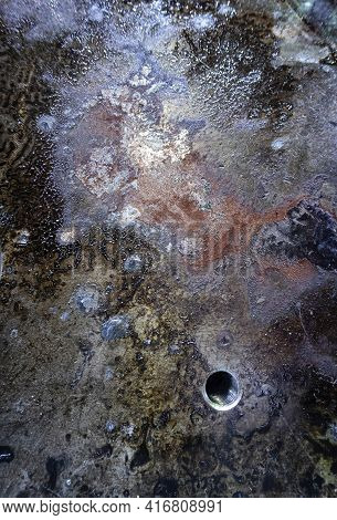 Detail Of A Rusted And Oil Stained Steel Plate With A Threaded Hole, Rusted Metal Texture, Similarit
