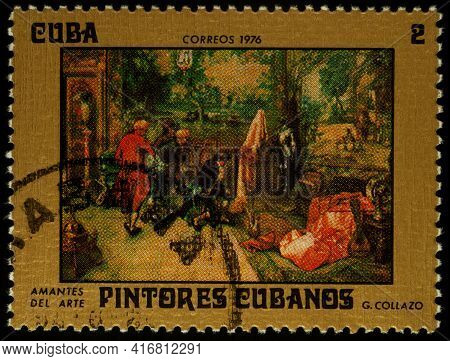 Moscow, Russia - April 11, 2021: Stamp Printed In Cuba, Shows Painting Art Lovers By Cuban Artist Gu