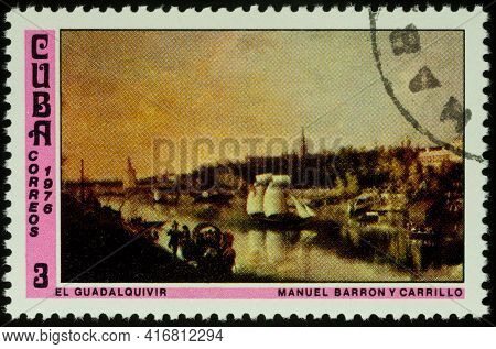 Moscow, Russia - April 13, 2021: Stamp Printed In Cuba, Shows Painting Guadalquivir By Spanish Artis