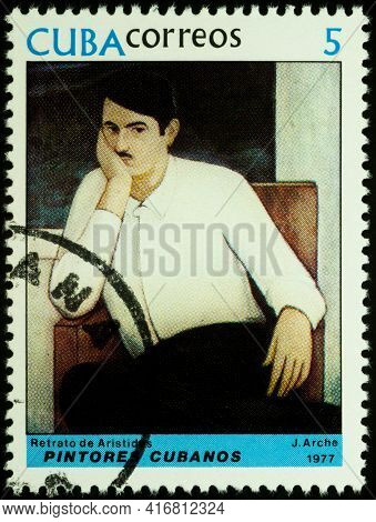 Moscow, Russia - April 12, 2021: Stamp Printed In Cuba, Shows Portrait Of Aristides By Jorge Arche (