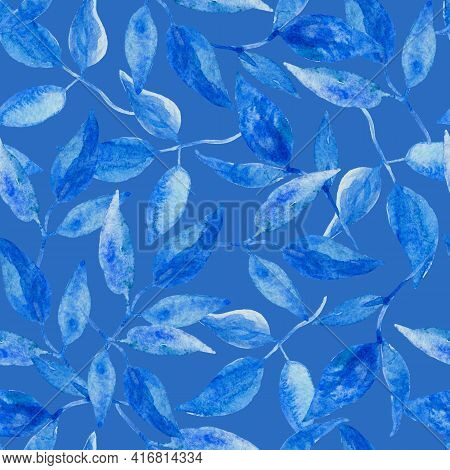 Vintage Seamless Background With Blue Leaves And Branches.
