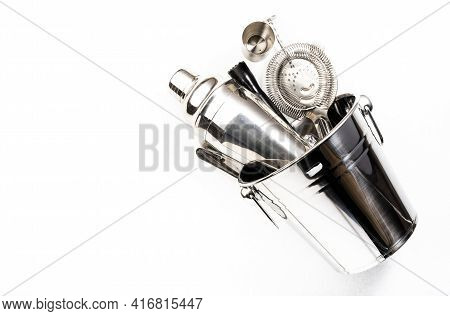 Steel Bar Tools And Accessories For Making Cocktail. Shaker, Jigger, Strainer, Spoon, Tongs, Muddler