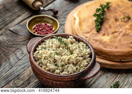 Russian Pancakes With Meat. Traditional Maslenitsa Meal. Homemade Filled By Chicken Meat Crepe. Bann