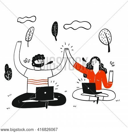 Collection Of Hand Drawn Man And Girl Sit In The Park Doing Hi5 With Laptop On Their Legs