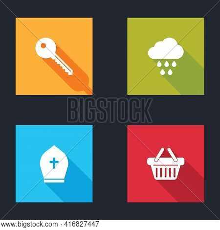 Set Key, Cloud With Rain, Pope Hat And Shopping Basket Icon. Vector