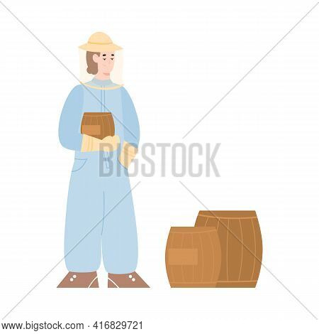 Eekeeper Or Hiver Next To Barrels With Honey Flat Vector Illustration Isolated.