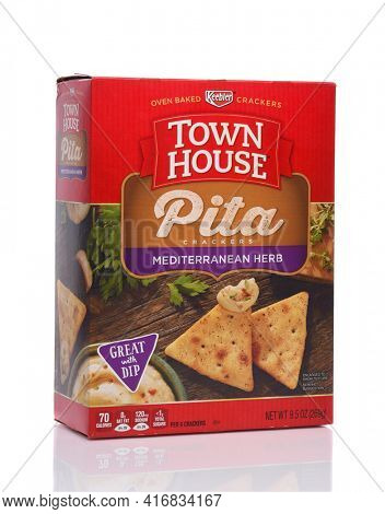 IRVINE, CALIFORNIA - 24 DECEMBER 2019: A box of Keebler Town House Pita Crackers Mediterranean Herb flavor.