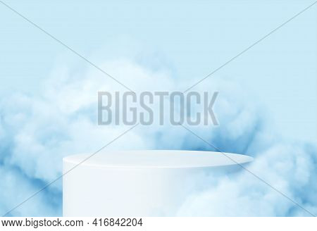 Blue Background With A Product Podium Surrounded By Blue Clouds. Smoke, Fog, Steam Background. Vecto
