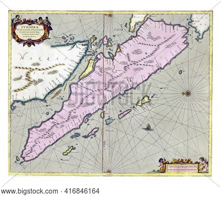 Map of Sumatra, Covens and Mortier, vintage engraving.