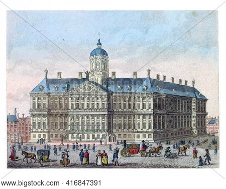 Royal Palace on Dam Square, vintage engraving.