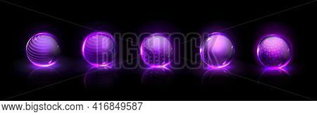 Force Shield Bubbles, Power Energy Glowing Glass Spheres, Defense Dome Fields. Purple Magic Crystal 