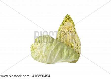 Freshnnes Pointed Cabbage Cutting Half On White Background Isolated And Clipping Path. The Shape Is