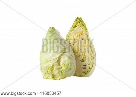 Freshnnes Pointed Cabbage Cutting Half On White Background Isolated And Clipping Path. The Shape Is