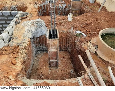 Closeup Of Construction Of New Building With Cement Block And M Sand Or Artificial Sand At Empty Fie