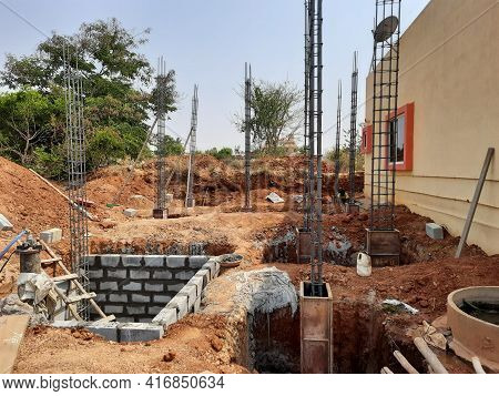 Closeup Of Construction Of New Building With Cement Block And M Sand Or Artificial Sand At Empty Fie