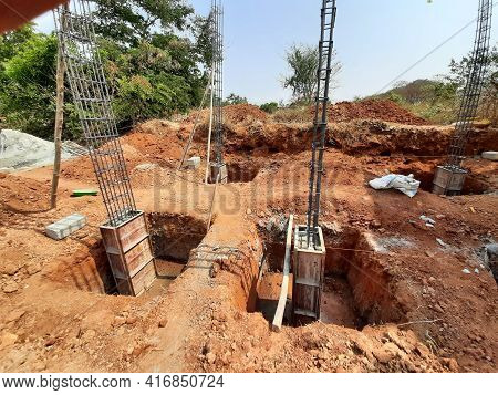 Closeup Of Construction Of New Building With Cement Block And M Sand Or Artificial Sand At Empty Fie