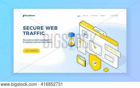 Secure Web Traffic. Isometric Banner With Icons Representing Secure Web Traffic Information On Moder