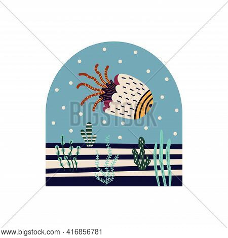 Vector Illustration. Abstract Composition In The Arch. Decorative Jellyfish Against The Background O