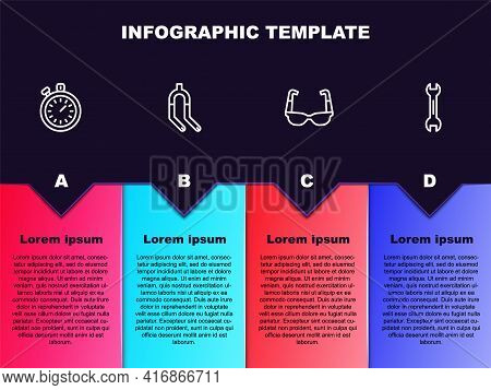 Set Line Stopwatch, Bicycle Fork, Sport Cycling Sunglasses And Wrench Spanner. Business Infographic 