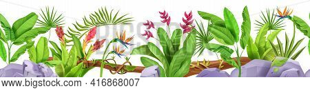 Jungle Seamless Border, Vector Tropical Leaf Frame Background, Plants, Rainforest Flowers, Banana, S