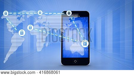 Composition of network of connections with online security padlocks, smartphone and world map. global technology, online cyber security and digital interface concept digitally generated image.