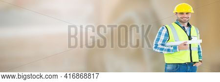 Smilling caucasian male construction worker holding white wood planck, construction site background. digitally generate image