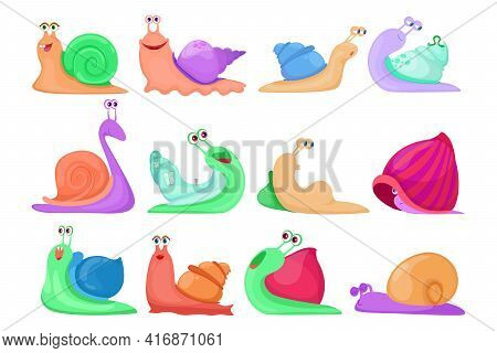 Cartoon Set Of Colorful Snail Characters Vector Illustration. Slimy Cute Slugs, Sleeping And Smiling