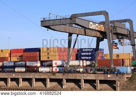 Duisburg, Germany - September 18, 2020: Shipping Containers In Port Of Duisburg, Germany. Port Of Du