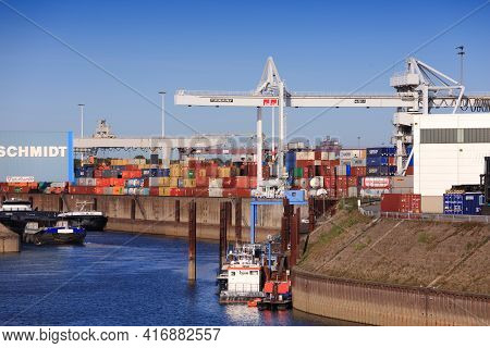 Duisburg, Germany - September 18, 2020: River Traffic In Port Of Duisburg, Germany. Port Of Duisburg
