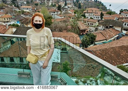 Deserted Turkish Resort Of Antalya, European Tourist Wears Protective Face Mask.