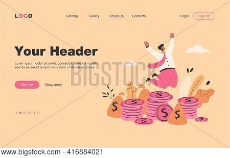 Happy Millionaire Jumping Near Pile Of Coins Flat Vector Illustration. Cartoon Businessman Or Banker