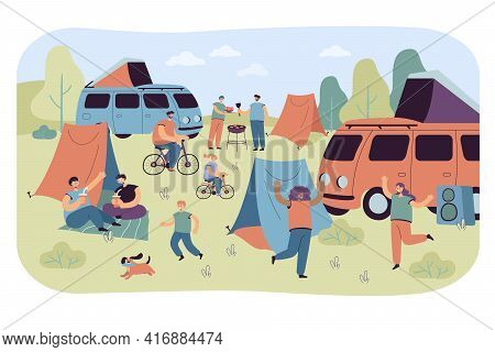 Summer Festival And Tourist Group Camping Outdoor. Flat Vector Illustration. People Enjoying Nature 